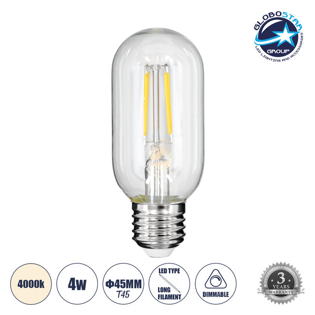 99057 Λάμπα LED Long Filament E27 T45 Σωλήνας 4W 440lm 360° AC 220-240V IP20 Φ4.5 x Υ11cm Φυσικό Λευκό 4000K με Διάφανο Γυαλί - Dimmable - 3 Years Warranty