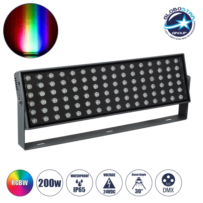FLOODZANA 90561 Προβολέας Σποτ Wall Washer LED 200W 16000lm 30° DC 24V Αδιάβροχο IP65 Πολύχρωμο RGBW Dimmable DMX512 - Bridgelux SMD Chip - Γκρι Ανθρακί - Μ70 x Π29 x Υ10cm - 3 Χρόνια Εγγύηση