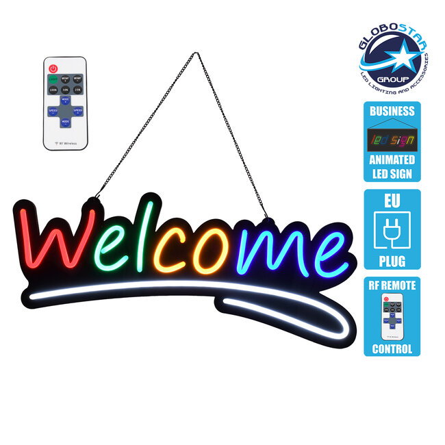 85861 Φωτιστικό Ταμπέλα Φωτεινή Επιγραφή NEON LED Σήμανσης Animated WELCOME 30W AC 230V με Διακόπτη On/Off και Ασύρματο Χειριστήριο IR Κόκκινο - Πράσινο - Κίτρινο - Μπλε - Λευκό