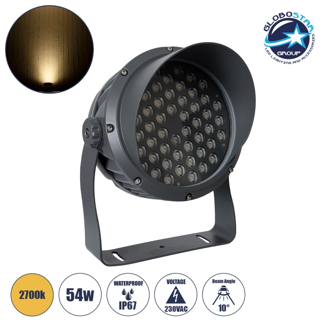 FLOODIMO 90743 Προβολέας Σποτ Wall Washer με Αντιθαμβωτική Γρίλια LED 54W 4860lm 10° AC 220-240V Αδιάβροχο IP67 Θερμό Λευκό 2700K - Bridgelux SMD Chip - Γκρι Ανθρακί - Μ26 x Π28 x Υ35cm - 3 Χρόνια Εγγύηση