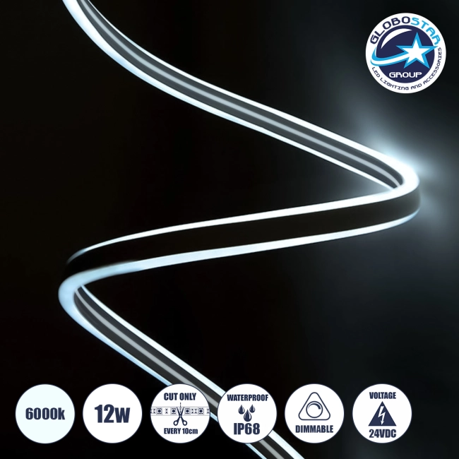 70480 DOUBLE-SIDED 120°+120° Degree Neon Flex Epistar LED SMD 2835 1m 12W/m 120LED/m 1320lm/m 120°+120° DC 24V Αδιάβροχη IP68 Ψυχρό Λευκό 6000K Dimmable