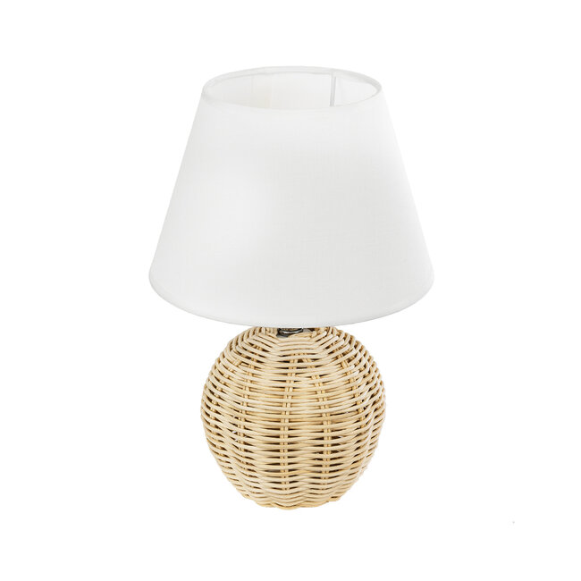 KAI 01957 Boho Επιτραπέζιο Φωτιστικό Πορτατίφ Μονόφωτο 1 x E27 AC220-240V IP20 - Φ19 x Υ30cm - Μπεζ Ξύλινο Πλέγμα με Λευκό Καπέλο - 5 Χρόνια Εγγύηση