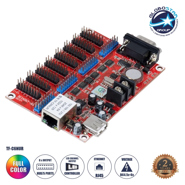 TF-C6NUR 90386 LED Receiving Card 8 x HUB75 - Κάρτα Καναλιών για Ψηφιακές Οθόνες LED Video Wall Single Color W2048 x H64 & W1024 x H128 - Double Color W1024 x H64 - W512 x H128 - Gigabit Network Linkable - DC 3.5~6V - IP20 Μ11.7 x Π7.8 x Υ1.6cm