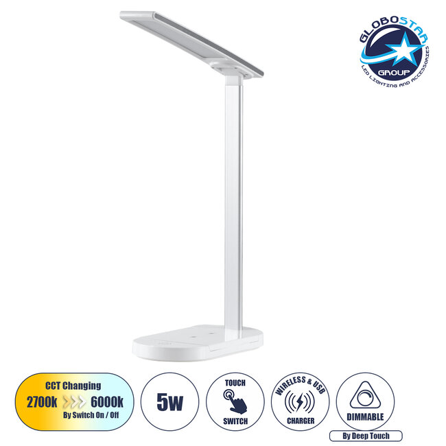FIARIA 76531 Μοντέρνο Επιτραπέζιο Φωτιστικό Πορτατίφ LED 5W 500lm 180° DC 5V - με Ασύρματη Φόρτιση - Wireless Charger - Διακόπτη Αφής - CCT Θερμό Λευκό 2700K - Φυσικό Λευκό 4500K - Ψυχρό Λευκό 6000K Dimmable - Μ25 x Π10.5 x Υ35.5 - Λευκό
