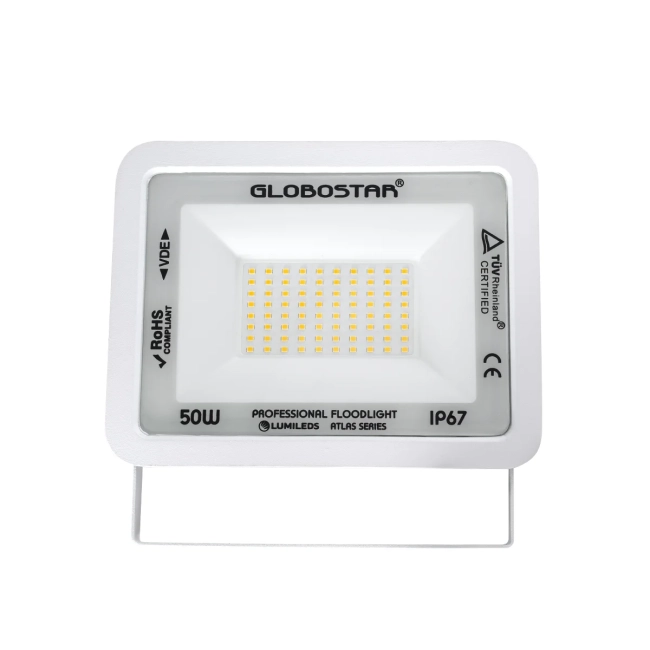  ATLAS 61421 Προβολέας LED 50W 5750lm 120° AC 220-240V Αδιάβροχο IP67 Θερμό Λευκό 2700K - Lumileds SMD Chip - TÜV Rheinland Certified - Λευκό Ματ - Μ21 x Π3.5 x Υ16cm - 5 Χρόνια Εγγύηση