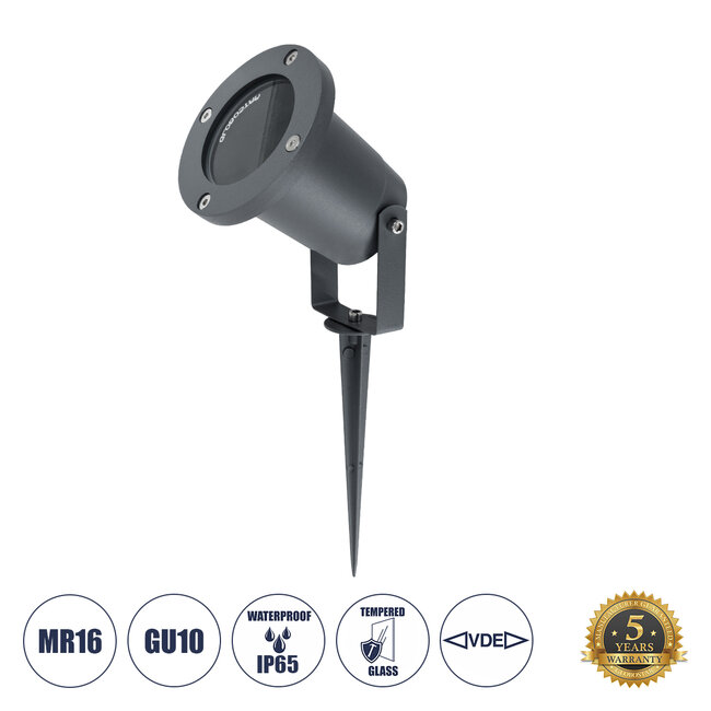 GARDELINI 61482 Καρφωτό Κινούμενο Φωτιστικό Σποτ Κήπου με Ντουί 1 x GU10 VDE Certified AC 220-240V Αδιάβροχο IP65 - Σώμα Αλουμινίου & Υψηλής Αντοχής Tempered Glass & Μ40cm VDE Καλώδιο Σύνδεσης - Φ10 x Υ30cm - Γκρι Ανθρακί - 5 Χρόνια Εγγύηση