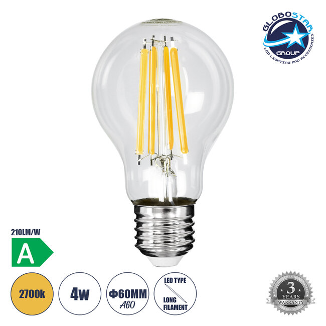 99083 Λάμπα LED Long Filament E27 A60 Γλόμπος 4W 840lm 360° AC 220-240V IP20 Φ6 x Υ11cm Θερμό Λευκό 2700K με Διάφανο Γυαλί - Pro Series 210lm/W - A Ενεργειακή Κλάση - 3 Χρόνια Εγγύηση