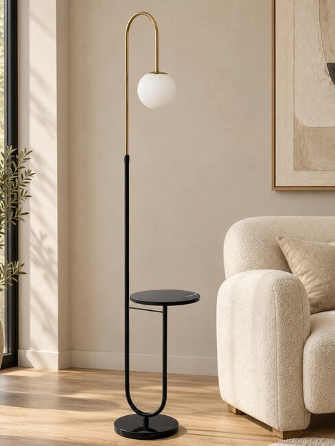 kelvo® CORDELIA KLV-102-0006 Επιδαπέδιο Φωτιστικό για Λάμπα με Ντουί 1 x E27 AC 220-240V IP20 - Μαύρο Ματ & Σατινέ Χρυσό Βούρτσας - Μ38 x Π30 x Υ180cm - 2