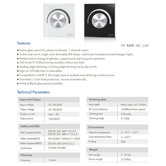 71454 S1-K SKYDANCE AC Smart RF 2.4Ghz & Ροοστάτη - Push ON/OFF Triac Dimming AC100-240V σε AC100-240V 1 x 1.5A 360W - Max 1.5A 360W - IP20 - Λευκό Σώμα - Μ8.5 x Π8.5 x Υ5cm - 5 Years Warranty - 9