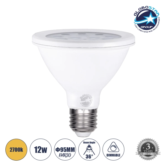  SPOTPAR 60086 Σποτ E27 PAR30 LED 12W 1128lm 36° AC 220-240V IP20 Θερμό Λευκό 2700K - Μ9.5 x Π9.5 x Υ9.5cm - 3 Χρόνια Εγγύηση