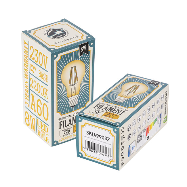 99037 LED Long Filament Bulb E27 A60 Globe 8W 720lm 360° AC 220-240V IP20 D6 x H10.5cm Ultra Θερμό Λευκό 2200K με Μελί Γυαλί - Dimmable - 3 Years Warranty - 6