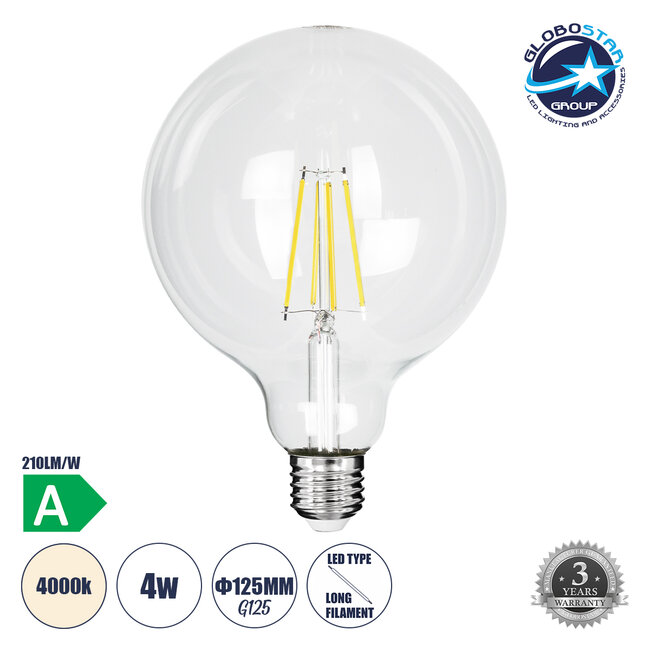 99093 Λάμπα LED Long Filament E27 G125 Γλόμπος 4W 840lm 360° AC 220-240V IP20 Φ12.5 x Υ13.8cm Φυσικό Λευκό 4000K με Διάφανο Γυαλί - Pro Series 210lm/W - A Ενεργειακή Κλάση - 3 Χρόνια Εγγύηση