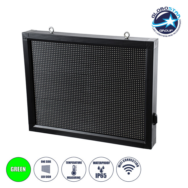 DISPLAY 90801 LED Scrolling Display 64x48cm - Κυλιόμενη Ψηφιακή Πινακίδα / Επιγραφή Μονής Όψης P10 LED SMD AC 220-240V - Λειτουργία μέσω Wi-Fi με Εφαρμογή APP - Αισθήτηρας Θερμοκρασίας και Υγρασίας - Αδιάβροχο IP65 - Μ72 x Π9 x Υ56cm - Πράσινο - 1 Χρόνο Εγγύηση