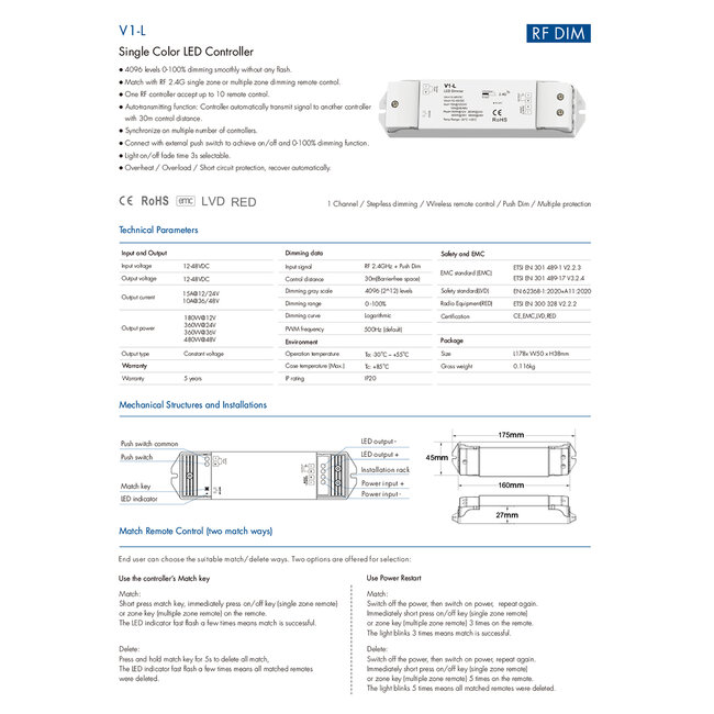 71568 V1-L SKYDANCE DC RF 2.4Ghz Dimmer High Speed Controller & Push Dimming 1 Κανάλι DC 12-48V 1 x 15A 480W - Max 15A 480W - IP20 Μ17.5 x Π4.5 x Υ2.5cm - 5 Years Warranty - 8