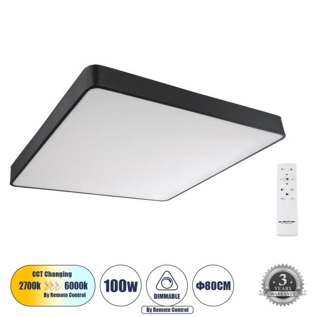 KAMALA 61210-S Μοντέρνο Φωτιστικό Οροφής LED 100W 10000lm 120° AC 220-240V IP20 Ρυθμιζόμενο Λευκό CCT με Χειριστήριο από 2700K έως 6000K Dimmable - Lumileds SMD Chip - Μαύρο Ματ - Μ80 x Π80 x Υ8cm - 3 Χρόνια Εγγύηση