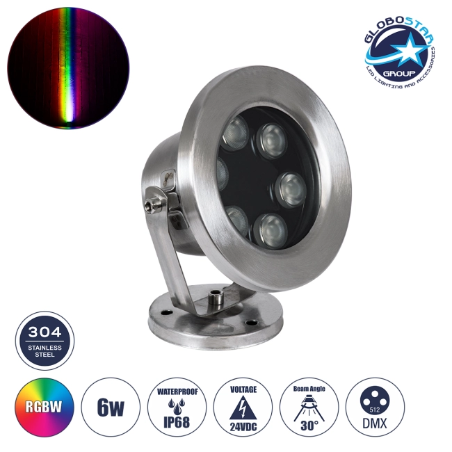 UNDERWATER-DEDY 90428 Υποβρύχιο Επιφανειακό Σποτ για Σιντριβάνια/Πισίνες LED 6W 510lm 30° DC 24V Αδιάβροχο IP68 RGBW DMX512 Dimmable - Ανοξείδωτο Ατσάλι 304 - Μ12 x Π7.5 x Υ14.5cm - 3 Χρόνια Εγγύηση