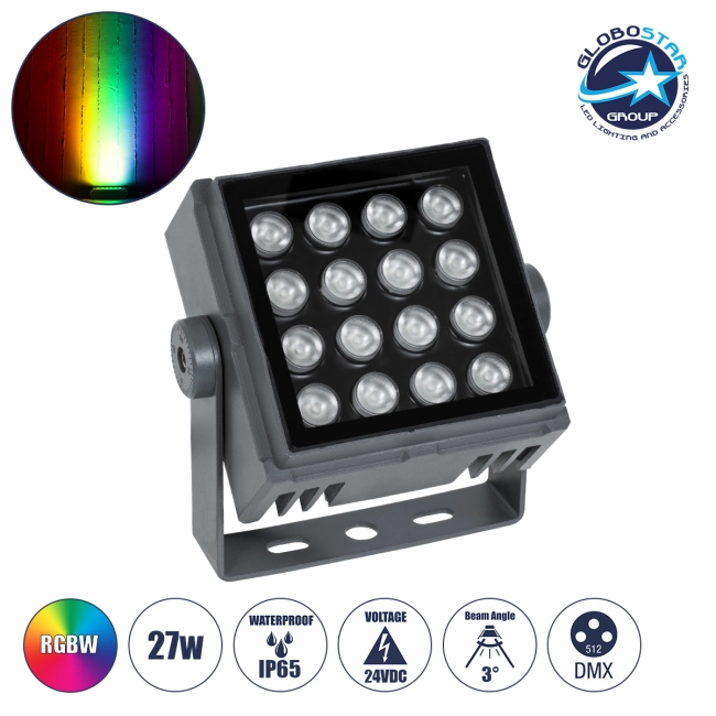  FLOODTINY 90370 Προβολέας Σποτ Wall Washer LED 27W 2295lm 3° DC 24V Αδιάβροχο IP65 Πολύχρωμο RGBW Dimmable DMX512 - Bridgelux SMD Chip - Γκρι Ανθρακί - Μ13.8 x Π16.4 x Υ7cm - 3 Χρόνια Εγγύηση