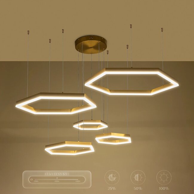kelvo® LEXAGON KLV-101-0180 Κρεμαστό Φωτιστικό Οροφής LED 120W 12000lm 200° AC 220-240V IP20 Ρυθμιζόμενο Λευκό CCT με Χειριστήριο από 2700K έως 6000K Dimmable - Lumileds SMD Chip - Χρυσό Πλατίνα - Μ110 x Π90 x Υ110cm - 3 Χρόνια Εγγύηση - 12
