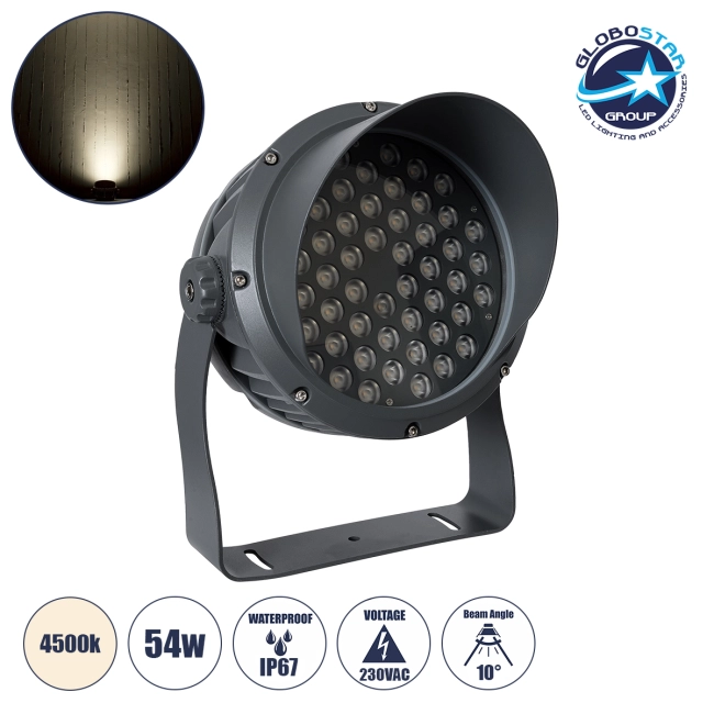 FLOODIMO 90744 Προβολέας Σποτ Wall Washer με Αντιθαμβωτική Γρίλια LED 54W 5130lm 10° AC 220-240V Αδιάβροχο IP67 Φυσικό Λευκό 4500K - Bridgelux SMD Chip - Γκρι Ανθρακί - Μ26 x Π28 x Υ35cm - 3 Χρόνια Εγγύηση