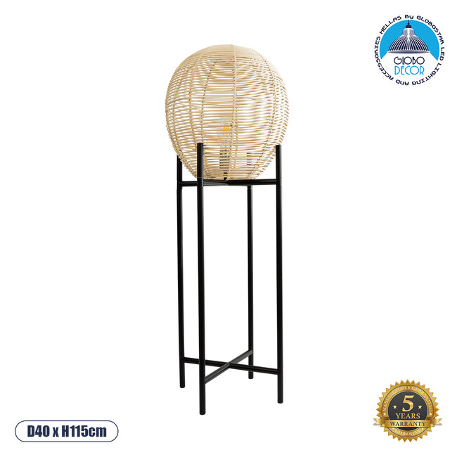 NERINA 02015 Boho Επιδαπέδιο Φωτιστικό Μονόφωτο 1 x E27 AC220-240V IP20 - Φ40 x Υ115cm - Μαύρο Μεταλλικό με Μπεζ Ρατάν Καπέλο Πλέγμα - 5 Χρόνια Εγγύηση