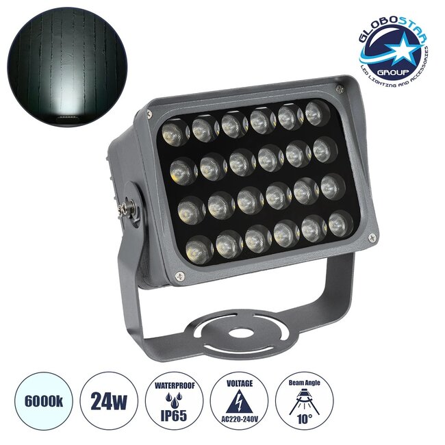 FLOODXENA 90130 Προβολέας Σποτ Wall Washer LED 24W 2880lm 10° AC 220-240V Αδιάβροχο IP65 Ψυχρό Λευκό 6000K - Bridgelux SMD Chip - Γκρι Ανθρακί - Μ18 x Π13.5 x Υ18cm - 3 Χρόνια Εγγύηση