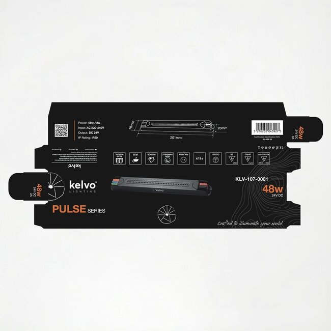 kelvo® PULSE KLV-107-0001 Ultra Slim Τροφοδοτικό/Μετασχηματιστής Class I PELV 48W 2A AC 220-240V σε DC 24V IP20 - Γκρι Ανθρακί Ματ - Μ20.1 x Π1.9 x Υ2cm - 5 Χρόνια Εγγύηση - 7