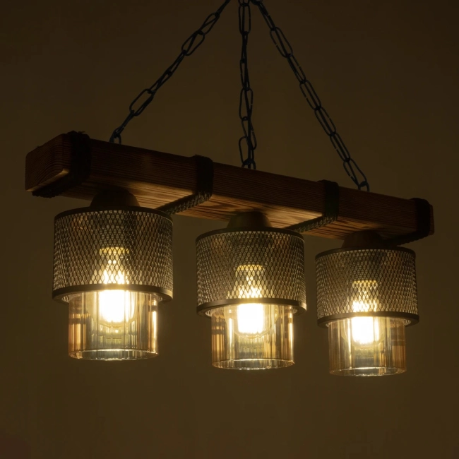 GLORA 201-0009 Vintage Κρεμαστό Φωτιστικό Ράγα Τρίφωτο 3 x E27 IP20 Μπεζ Ξύλο με Μαύρο Μέταλλο & Μελί Γυαλί - Μ50 x Π16 x Υ65cm - 2