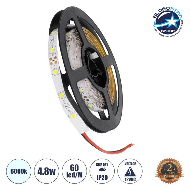 AVILA 90590 Ταινία LED 4.8W/m 300lm/m 120° DC 12V IP20 60 x SMD3528 Chip/m Ψυχρό Λευκό 6000K Dimmable - Sanan SMD Chip - Μ500 x Π0.7 x Υ0.2cm - Ρολό 5 Μέτρων - 2 Χρόνια Εγγύηση