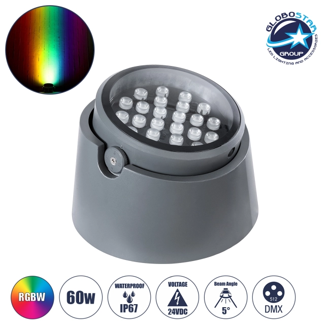 FLOOD-RANA 90752 Κινούμενος Προβολέας - Σποτ Φωτισμού Wall Washer για Φωτισμό Κτιρίων LED 60W 5100lm 5° DC 24V Αδιάβροχο IP67 Φ30 x Υ20cm RGBW DMX512 - Γκρι Ανθρακί - 3 Χρόνια Εγγύηση