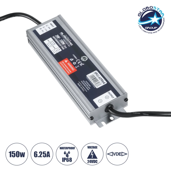  LUMISPLASH 60964 Τροφοδοτικό/Μετασχηματιστής Class II SELV 150W 6.25A DC 24V Αδιάβροχο IP68 - AC 220-240V σε DC 24V - Μ20 x Π5.5 x Υ2.5cm - 3 Χρόνια Εγγύηση