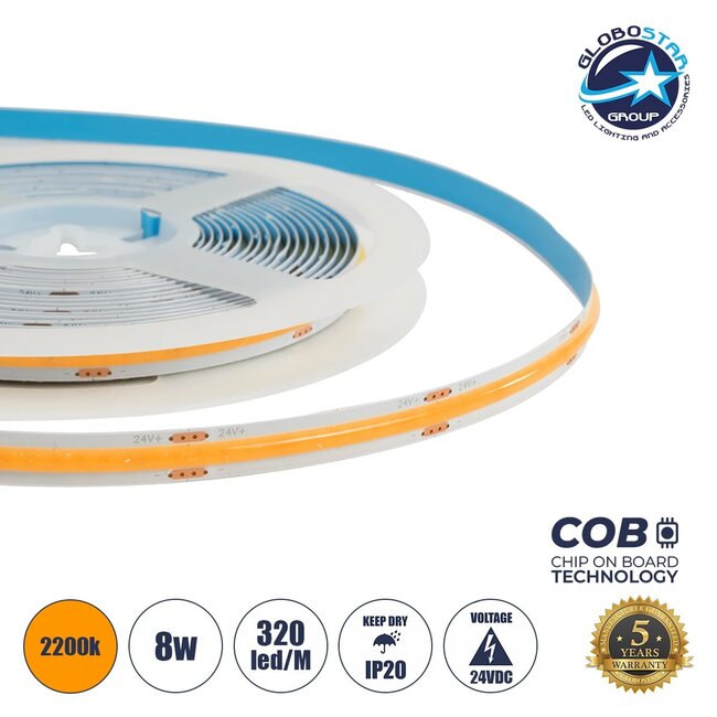 BEE 70362 Ταινία LED 8W/m 640lm/m 120° DC 24V IP20 320 x COB Chip/m Ultra Θερμό Λευκό 2200K Dimmable - Μ500 x Π0.8 x Υ0.2cm - Ρολό 5 Μέτρων - 5 Χρόνια Εγγύηση BEE 70362 Ταινία LED 8W/m 640lm/m 120° DC 24V IP20 320 x COB Chip/m Ultra Θερμό Λευκό 2200K Dimmable - Μ500 x Π0.8 x Υ0.2cm - Ρολό 5 Μέτρων - 5 Χρόνια Εγγύηση