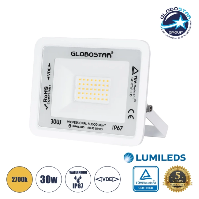  ATLAS 61415 Προβολέας LED 30W 3450lm 120° AC 220-240V Αδιάβροχο IP67 Θερμό Λευκό 2700K - Lumileds SMD Chip - TÜV Rheinland Certified - Λευκό Ματ - Μ16 x Π2.5 x Υ12.5cm - 5 Χρόνια Εγγύηση