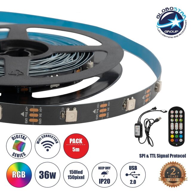 DIGISTRIP 90758 Σετ Ψηφιακής Pixel Addressable Ταινίας με RF Ασύρματο Χειριστήριο & Λειτουργία μέσω WiFi APP LED 36W/5m 2880lm/5m 120° DC 5V με USB 2.0 IP20 150 x SMD5050 Chip/5m 150 x Pixel/5m Πολύχρωμο RGB Dimmable SPI/TTL Protocol - Μ500 x Π1 x Υ0.2cm - Ρολό 5 Μέτρων - 5 Χρόνια Εγγύηση