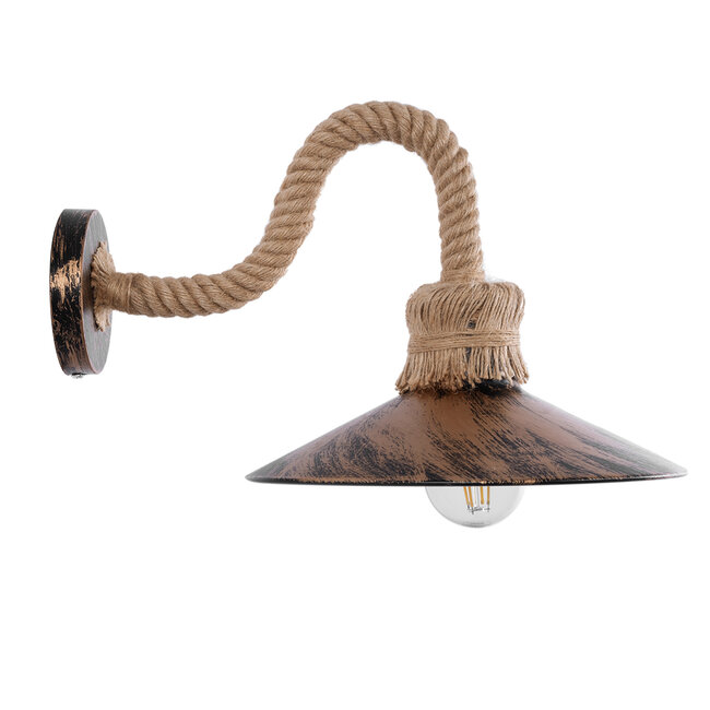 Vintage Φωτιστικό Τοίχου Απλίκα Μονόφωτο Μπρούτζινο Σκουριά Μεταλλικό με Καπέλο και με Μπεζ Σχοινί Φ27  ROBLY 01125 - 5