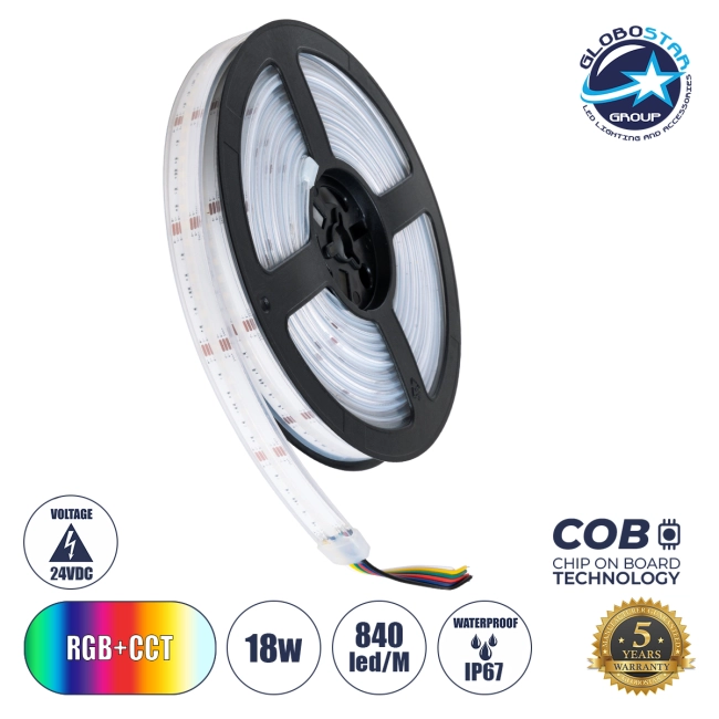 BEE 73416 Ταινία LED 18W/m 1980lm/m 120° DC 24V Αδιάβροχη IP67 840 x COB Chip/m Πολύχρωμο RGBW+WW Dimmable - Sanan COB Chip - Μ500 x Π1.2 x Υ0.2cm - Ρολό 5 Μέτρων - 5 Χρόνια Εγγύηση