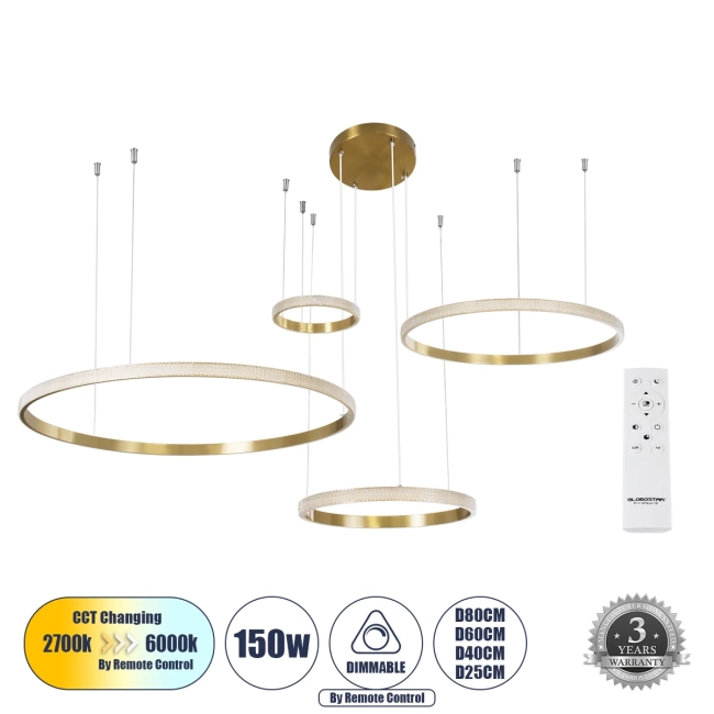  DIAMOND TETRA 61149 Μοντέρνο Κρεμαστό Φωτιστικό Οροφής LED 150W 15000lm 360° AC 220-240V IP20 Ρυθμιζόμενο Λευκό CCT με Χειριστήριο από 2700K έως 6000K Dimmable - Lumileds SMD Chip - Χρυσό Βούρτσας - Μ150 x Π150 x Υ120cm - 3 Χρόνια Εγγύηση - 2
