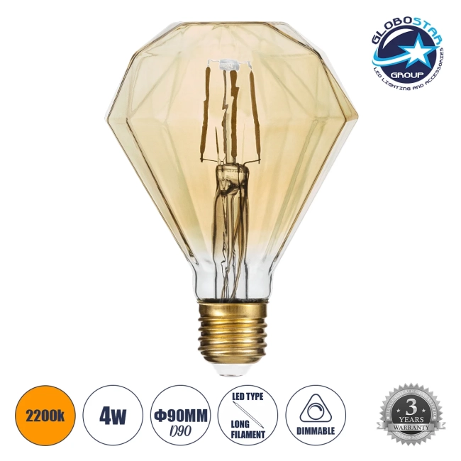 DIAMOND 99161 Λάμπα E27 D90 LED 4W 350lm 360° AC 220-240V IP20 Ultra Θερμό Λευκό 2200K Dimmable - Long Filament Chip - Μελί - Μ9 x Π9 x Υ13.4cm - 3 Χρόνια Εγγύηση DIAMOND 99161 Λάμπα E27 D90 LED 4W 350lm 360° AC 220-240V IP20 Ultra Θερμό Λευκό 2200K Dimmable - Long Filament Chip - Μελί - Μ9 x Π9 x Υ13.4cm - 3 Χρόνια Εγγύηση