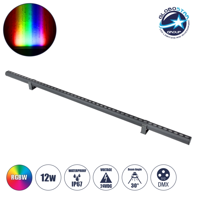 WASHERSTELLAR 90577 Μπάρα Φωτισμού Wall Washer LED 12W 1020lm 30° DC 24V Αδιάβροχο IP67 Πολύχρωμο RGBW Dimmable DMX512 - Bridgelux SMD Chip - Γκρι Ανθρακί - Μ100 x Π3.2 x Υ3cm - 3 Χρόνια Εγγύηση
