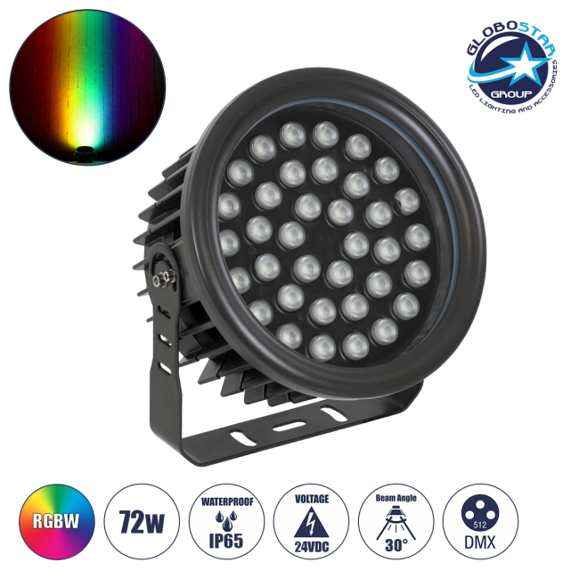 FLOODNEVA 90400 Προβολέας Σποτ Wall Washer LED 72W 6120lm 30° DC 24V Αδιάβροχο IP65 Πολύχρωμο RGBW Dimmable DMX512 - Bridgelux SMD Chip - Μαύρο - Μ24.5 x Π24.5 x Υ14.7cm - 3 Χρόνια Εγγύηση