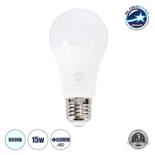 GLOBE 60033 Λάμπα E27 A60 LED 15W 1500lm 260° AC 220-240V IP20 Ψυχρό Λευκό 6000K - Lumileds SMD Chip - Λευκό Γαλακτερό - Μ6 x Π6 x Υ11.9cm - 3 Χρόνια Εγγύηση