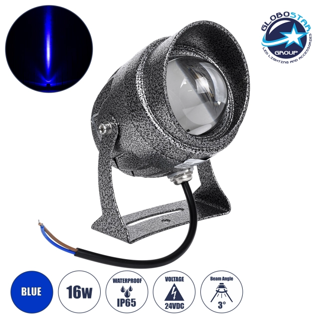 SPOTXENIA 90634 Σποτ Φωτισμου με Αντιθαμβωτική Γρίλια LED 16W 1360lm 3° DC 24V Αδιάβροχο IP65 Μπλε Dimmable - Bridgelux COB Chip - Σφυρήλατο Γκρι Ανθρακί - Μ9 x Π9 x Υ12cm - 3 Χρόνια Εγγύηση