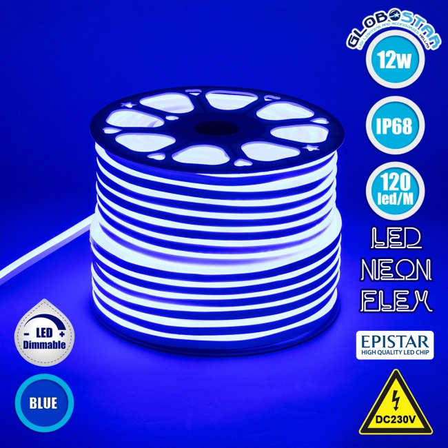 70575 OVALE 120° Degree Neon Flex Epistar LED SMD 2835 1m 12W/m 120LED/m 1212lm/m 120° DC 230V Αδιάβροχη IP68 Μπλε Dimmable