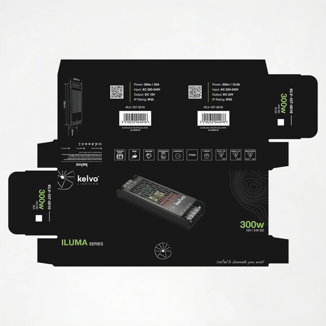 kelvo® ILUMA KLV-107-0016 Slim Τροφοδοτικό/Μετασχηματιστής Class I PELV 300W 12.5A AC 220-240V σε DC 24V IP20 - Γκρι Ανθρακί Ματ - Μ19.6 x Π5.9 x Υ2.8cm - 5 Χρόνια Εγγύηση - 6