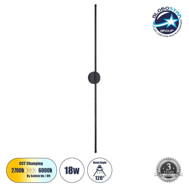 DIADEM 61333 Φωτιστικό Τοίχου - Απλίκα Design LED CCT 18W 2160lm 120° AC 220-240V - Εναλλαγή Φωτισμού μέσω Διακόπτη On/Off All In One Ψυχρό 6000k+Φυσικό 4500k+Θερμό 2700k Μ10 x Π4 x Υ120cm - Μαύρο - 3 Years Warranty - 1