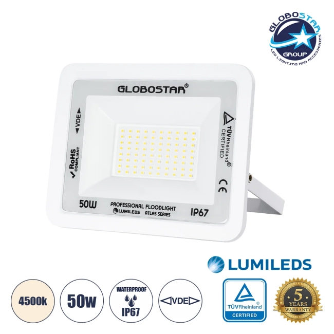  ATLAS 61420 Προβολέας LED 50W 6000lm 120° AC 220-240V Αδιάβροχο IP67 Φυσικό Λευκό 4500K - Lumileds SMD Chip - TÜV Rheinland Certified - Λευκό Ματ - Μ21 x Π3.5 x Υ16cm - 5 Χρόνια Εγγύηση