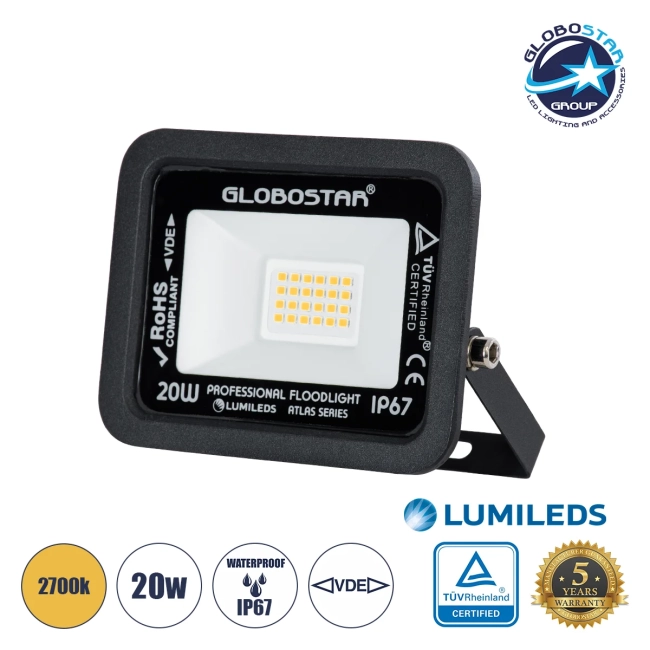  ATLAS 61412 Προβολέας LED 20W 2300lm 120° AC 220-240V Αδιάβροχο IP67 Θερμό Λευκό 2700K - Lumileds SMD Chip - TÜV Rheinland Certified - Μαύρο Ματ - Μ12 x Π2.5 x Υ9.5cm - 5 Χρόνια Εγγύηση