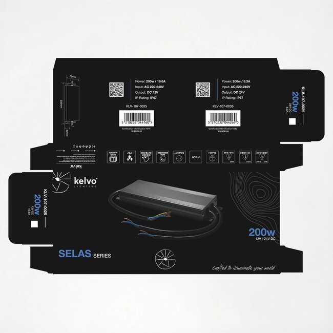 kelvo® SELAS KLV-107-0035 Τροφοδοτικό/Μετασχηματιστής Class I PELV 200W 8.3A AC 220-240V σε DC 24V Αδιάβροχο IP67 - Γκρι Ανθρακί Ματ - Μ25 x Π7.2 x Υ3.2cm - 5 Χρόνια Εγγύηση - 7
