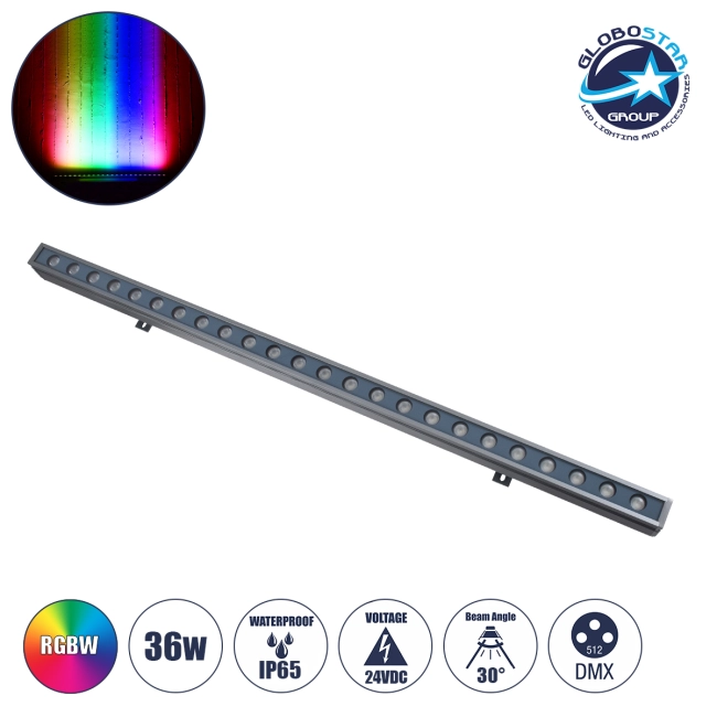 WASHERFAIA 90185 Μπάρα Φωτισμού Wall Washer LED 36W 3060lm 30° DC 24V Αδιάβροχο IP65 Πολύχρωμο RGBW Dimmable DMX512 - Bridgelux SMD Chip - Γκρι Ανθρακί - Μ100 x Π4 x Υ5cm - 3 Χρόνια Εγγύηση