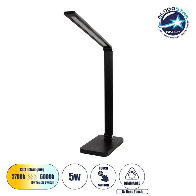 TEBLA 60481 Μοντέρνο Επιτραπέζιο Φωτιστικό Γραφείου LED 5W 500lm 120° AC 220-240V IP20 Ρυθμιζόμενο Λευκό CCT με Αφή 2700K/4500K/6000K Dimmable - Bridgelux SMD Chip - Μαύρο - Μ11 x Π31 x Υ52cm - 2 Χρόνια Εγγύηση