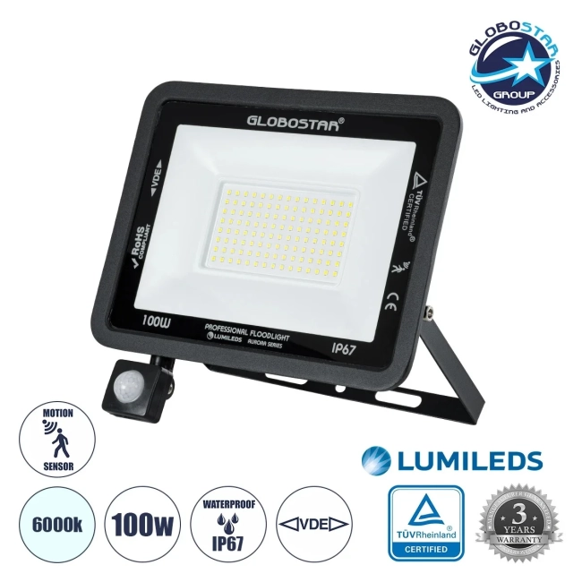  AURORA 61443 Προβολέας με Ανιχνευτή PIR / Αισθητήρα Κίνησης LED 100W 12500lm 120° AC 220-240V Αδιάβροχο IP67 Ψυχρό Λευκό 6000K - Lumileds SMD Chip - TÜV Rheinland Certified - Μαύρο Ματ - Μ25 x Π6.5 x Υ27.5cm - 3 Χρόνια Εγγύηση
